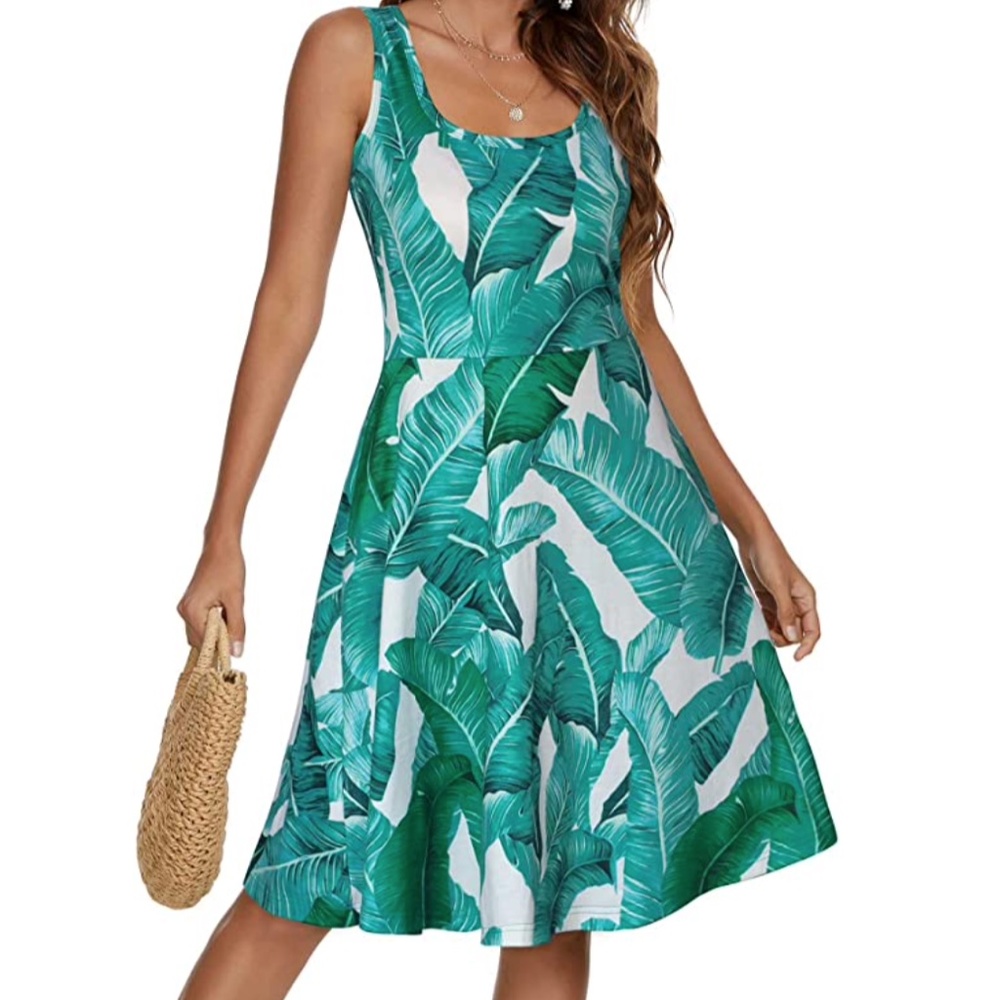 Women's Scoop Neck Sleeveless Midi Casual Flared Tank Floral Dress palm